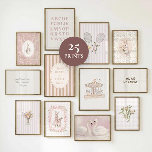 Pink Gallery Wall Art Print Set of 25 for Nursery, Pink Timeless Cottagecore Print, DIGITAL Vintage Girl Farmhouse Decor, Playroom Prints
