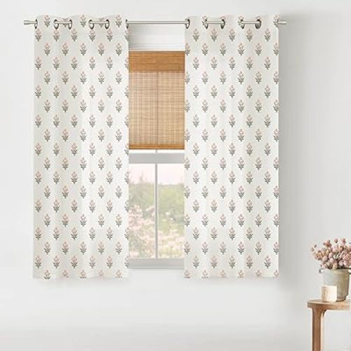 Pink Short Curtains for Kitchen Windows,Boho Sheer Floral Block Print Curtains for Bedroom Girls Bathroom 45 Inches Long