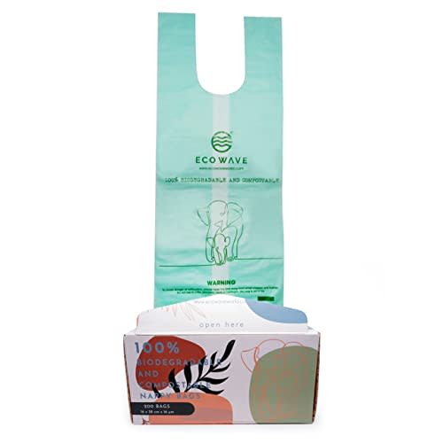 Eco Wave Compostable Diaper Bags, Diaper Sacks, Fragrance-Free, 200 Count | Plant-based cornstarch. Biodegradable, fragrance-free, plastic-free. Tie handles. ASTM D6400, EN 13432 & BPI certified.