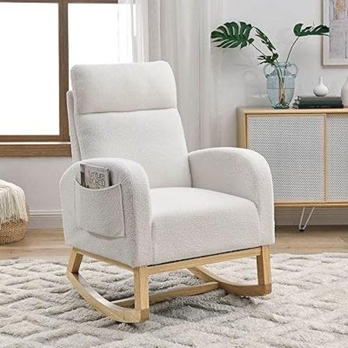 Dolonm Rocking Chair Mid-Century Modern Nursery Rocking Armchair Upholstered Tall Back Accent Glider Rocker for Living Room (White,Teddy)