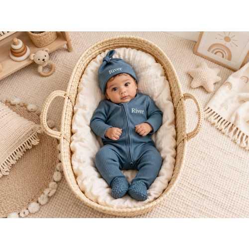 Personalised Kids Organic Ribbed Cotton Zip-up Baby Romper plus Matching Hat- Embroidered - Perfect for Baby - Days Out - Newborn Gift