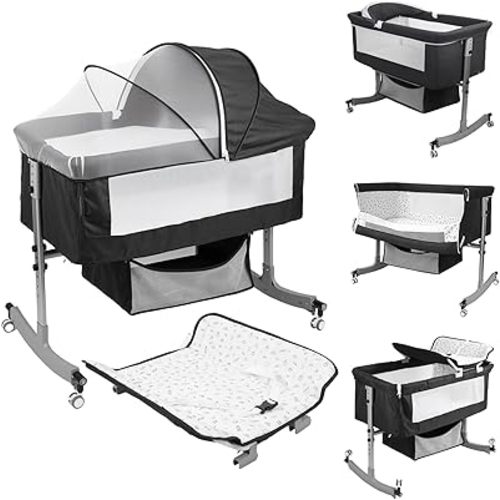 Bedside Bassinet Baby Crib, 4-in-1 Bedside Crib with Changing Table, 6 Levels Height Adjustable Baby Crib with Basket & Mosquito Net, Wheels, Portable Newborn Infant Cradle Bassinet Black