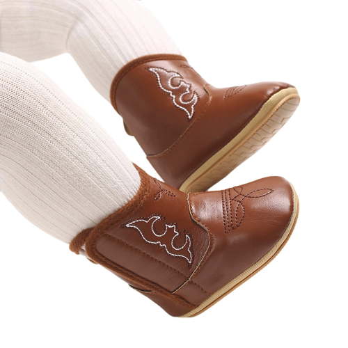Glisme Baby Boots Leather Cowboy Bootie Soft Sole Nonslip Crib Shoes For Infant Newborn Trend Brown Boots Size 0-3 Months