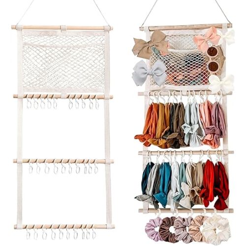 Headband Holder Hair Bows Organizer for Baby Girls Large Capacity Bow Holder Hair Accessories Wall Hanging Organizer for Toddler Baby Girl Nursery Room Decor (Beige)