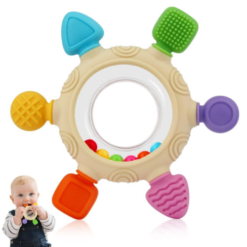 Baby Teething Rings Toys for 0-6 6-12 Months Baby Rattle Teether Sensory Toys for Babies 0-24Months Silicone Teether Relief Chew Soothing Sore Gums for Newborn Infant Essentials BPA Free