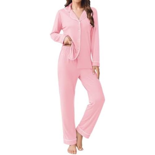 Ekouaer Womens Pajamas Set 2 Piece Button Down Pjs Soft Long Sleeve Top and Pants Sleepwear Set Lounge Sets