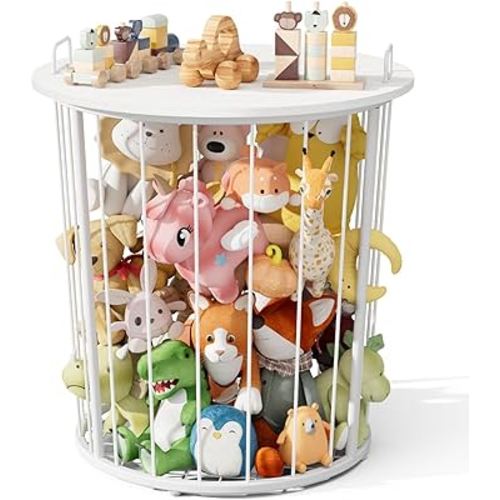 BBLIKE Large Stuffed Animal Storage End Table - Sturdy Metal Kids Toy Storage Bin, Stuffed Zoo Animal Holder for Bedroom, Living Room, Nursery, Perfect for Plush Toy Organizer, White