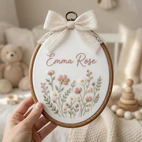 Personalized Floral Baby Name Embroidered Sign, Custom Baby Nursery Name Hoop, Floral Baby Shower Wall Art, Newborn Name Announcement Gift