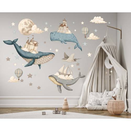 Ocean Dream Nursery Whimsical Fabric or Vinyl Wall Decal Set, Under the sea watercolor Ocean kids nursery wall decal