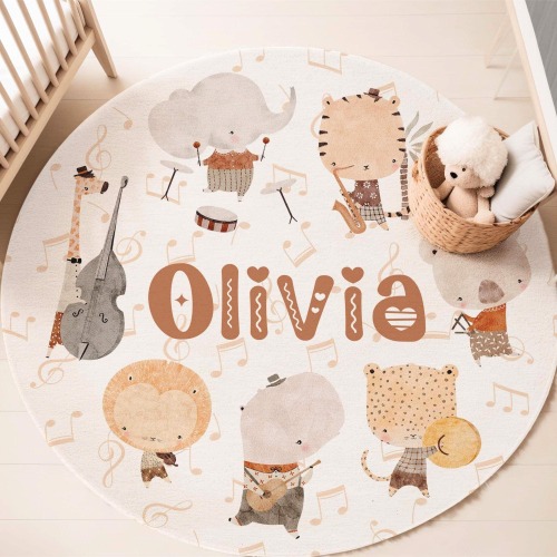 Musician Animals Nursery Rug Musical Band Animal Carpet Custom Name Round Mat Baby Room Kids Playroom Mat Baby Shower Gift Back To School