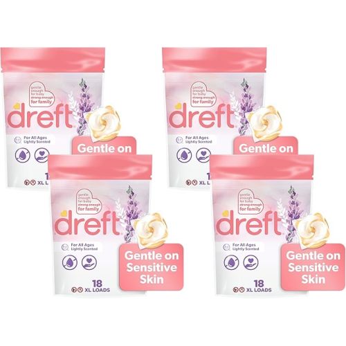 Dreft Laundry Detergent XL Pacs, Light Scent, Lavender, 18 Count (Pack of 4)