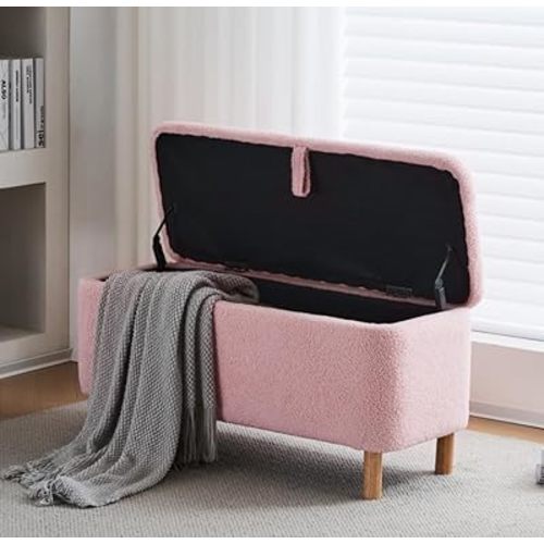 Storage Bench Bedroom Bench Sherpa Ottoman Storage Entryway for Living Room Rectangular Boucle Foot Rest Stool Padded Seat (39.5",Pink)