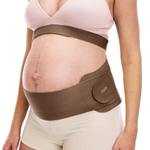 Frida Mom Dual Support Pregnancy Belly Band S/M, Maternity Belly Band with Ultimate Support Back, Hip & Pelvic, Adjustable, Lightweight, Breathable & Comfy, Supports Bump as Baby Grows, Cocoa