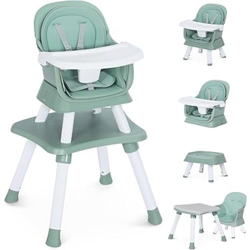8 in 1 Baby Highchair, Convertible High Chair for Babies and Toddlers, Booster Seat w/5-Point Safety Belt, Toddler Building Block Table, Dishwasher Safe Tray, No Tool Install, Green