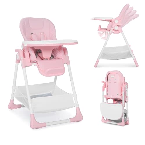 3 in 1 Foldable Baby High Chair, Infant High Chairs for Babies and Toddlers, 6 Height & 4 Recline Adjustable Toddler Feeding Chair, 2 Built-in Wheels, Large Storage Space, Pink