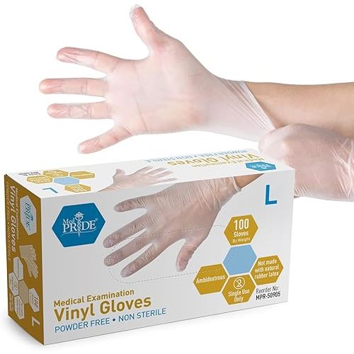 MED PRIDE Powderless Pvc Exam Hand Protection, Allergy Safe, Hospital and Lab Applications Examination Gloves (Large, 100-Count) Latex & Rubber Free, Ultra-Strong, Clear Disposable Powder-Free