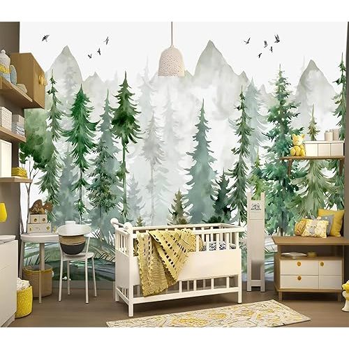 Peel and Stick Nursery Forest Wallpaper Watercolor Pine Tree Mural