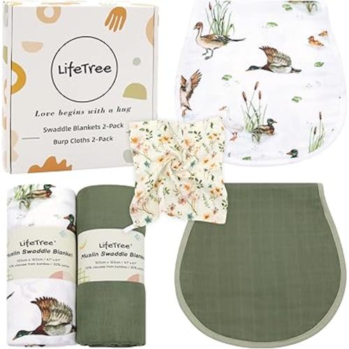 LifeTree Baby Swaddle Blankets and Burp Cloths 2 Pack, Boys Girls Muslin Swaddling Wrap Receiving Blanket for Newborn, 70% Viscose from Bamboo and 30% Cotton, Large 47" x 47", Mallard Duck & Olive