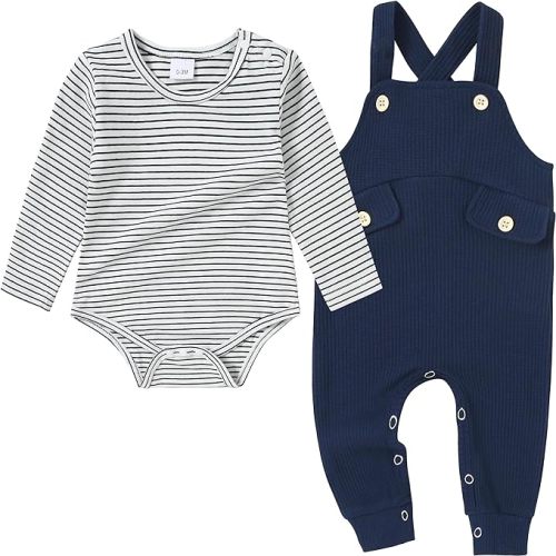 CARETOO Newborn Baby Boy Clothes Infant Boy Romper Fall Winter Outfits Bodysuit 2Pcs Striped Long Sleeve Top Overalls 0-18M