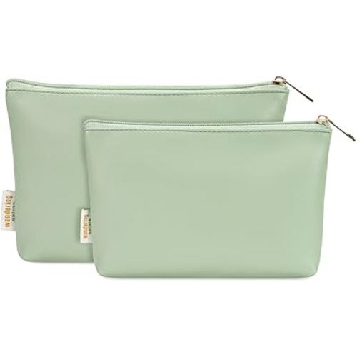 Wandering Nature Makeup Bag Small Cosmetic Bag for Purse 2 Pack Small Make Up Pouch Vegan Leather Cute Travel Pouch with Zipper for Women, Green