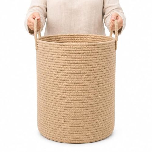 OrganiHaus Tall Cotton Rope Laundry Basket & Hamper, Blanket Storage 52L