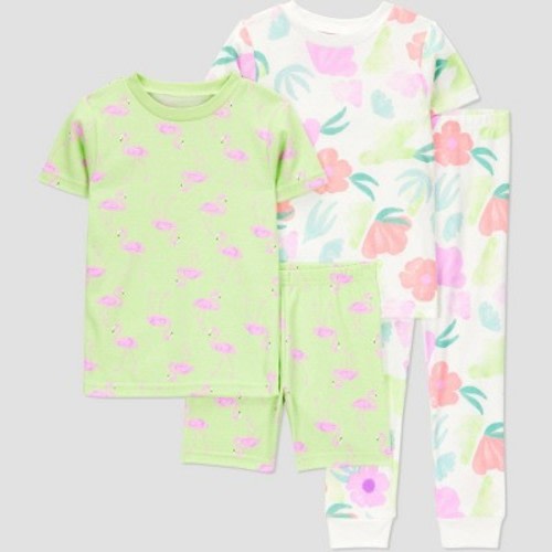 Carter's Just One You®️ Toddler Girls' 4pc Cotton Flamingo Snug Fit Pajama Set - Green/Pink 12M: Floral Animal Print, Crew Neck