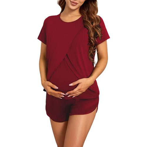 Tulip Hem Labor/Delivery/Nursing/Maternity Pajama Set for Hospital Home Nursing Shirt & Adjustable Size Pregnancy Shorts