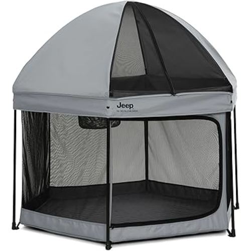 Jeep Hexagon Pop Up Play Yard with Removable Canopy | Ideal for Indoor and Outdoor Use, Grey