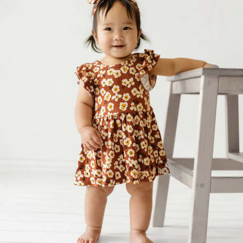 Mocha Blossom Flutter Sleeve Twirl Dress with Bodysuit