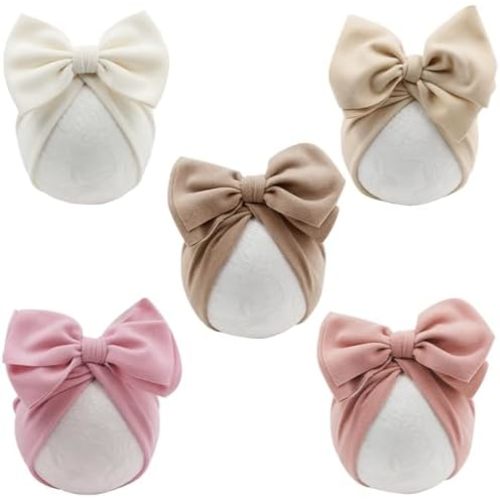 DRESHOW BQUBO 5 PCS Baby Cotton Hats Big Bow Knotted Headwrap Turban Baby Infant Beanie Baby Girl Soft Toddler Cap for Winter
