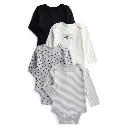 Wonder Nation Organic Cotton Baby Gender Boy 4PK Long Sleeve Body Suit, Sizes 0/3 Months-6/9 Months