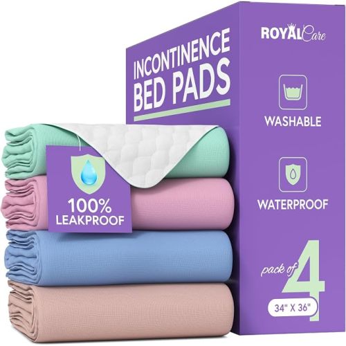 Incontinence Bed Pads - 4 Pack 34" x 36" Reusable Waterproof Mattress Protectors - Highly Absorbent, Machine Washable - for Children, Pets and Seniors - Multi Color - Royal Care