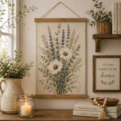 Farmhouse Wildflower Wall Hanging, Linen Botanical Banner, Rustic Cottagecore Floral Wall Decor, Neutral Blue Flower Hanging Art