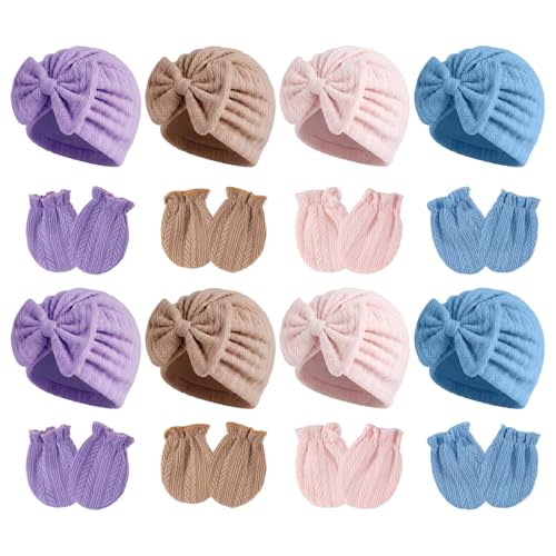 Newborn Baby Girl Hats Mittens Set Cotton for Infants 0-6 Months | 8 Sets New Born Baby Girls Bow Hats Mittens Soft Hospital Hat Beanies No Scratch Mitten Gloves gorros bebes niñas recien 0-3
