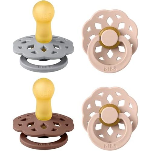BIBS Boheme Soother 4-Pack | BPA Free Dummy Pacifier | Round Nipple | Natural Rubber Latex | Made in Denmark | Size 6-18 Months | Woodchuck Mix