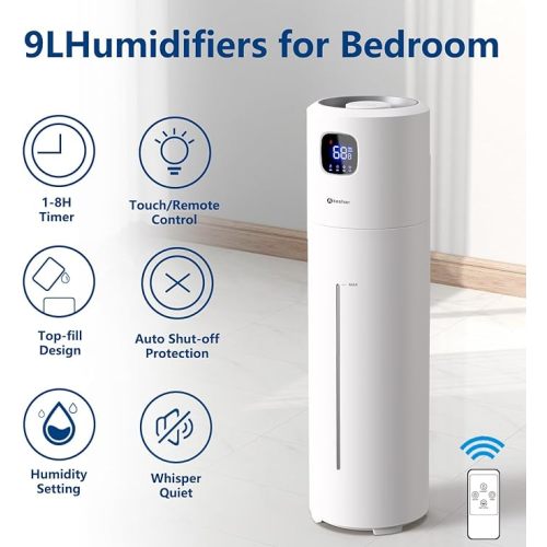 Akeshan Large Humidifiers for Bedroom, 9L/2.5Gal Ultrasonic Cool Mist Humidifier, Top Fill Easy Clean with 350ML/H Large Mist Speed, Quiet, Suitable for Kids Room Plant Yoga Office Study Room Living