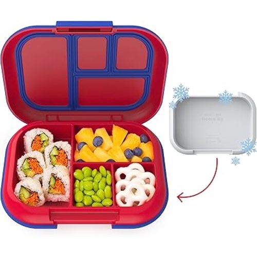 Bentgo Kids Chill Leak-Proof Lunch Box - Included Reusable Ice Pack Keeps Food Cold; 4-Compartment Bento Lunch Container; Microwave/Dishwasher Safe; 2 Year Manufacturer's Warranty (Red/Royal)