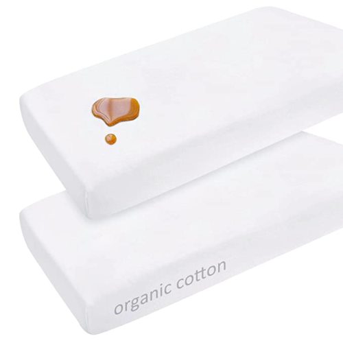 Waterproof Pack N Play Sheet, 2 Pack Organic Cotton Fitted Mini Crib Sheets 38"x 25", Fit for Graco, Dream on Me, Delta Portable Crib and Arms Reach Ideal Cosleeper, Baby Girl Boy, White
