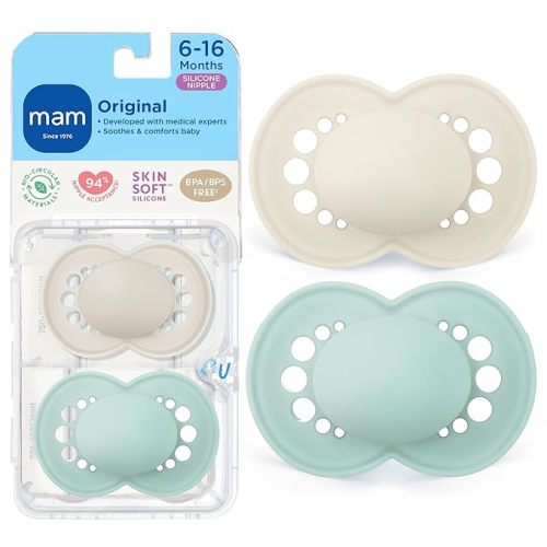 MAM Original Baby Pacifier 6-16 Mths, Skin Soft Silicone Nipple, 2 Pack