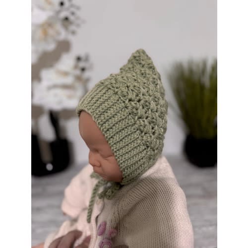 Baby Pixie Bonnet Hat: Secure Tie, Warm Ear Coverage Handmade Crochet Toddler Bonnet - light mint color