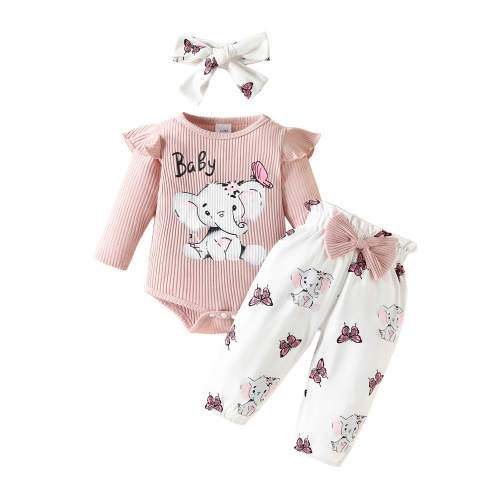 Qtinghua 3Pcs Newborn Baby Girls Fall Winter Clothes Elephant Print Long Sleeves Romper and Pants Headband Outfits Pink 0-3 Months
