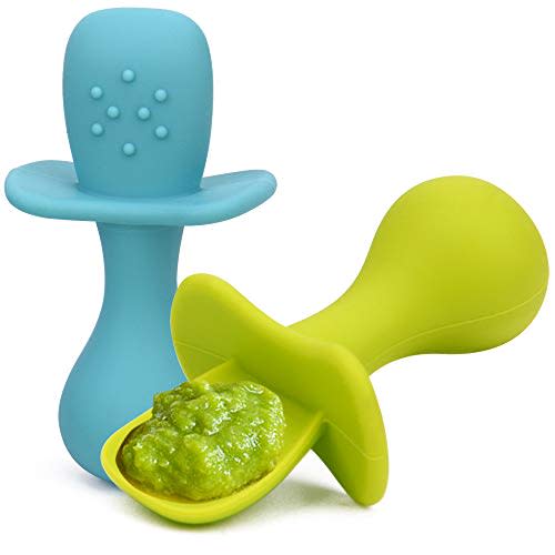 Baby Spoons - First Stage Toddler Utensils - Baby Led Weaning Spoons - Food Grade Soft Silicone Anti-Choke, Self Feeding Set (Blue & Green)
