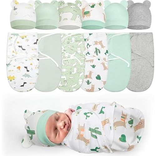 Ramede 6-Pack Preemie Baby Swaddle Blankets with Hats, Breathable 100% Cotton Baby Swaddles, Suitable for Preemie Babies and Newborns, Soft Cotton, Adjustable(Alpaca,Green)