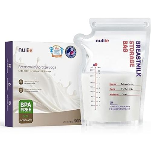 Nuliie 50 Pcs Breastmilk Storage Bags, 8 OZ Breast Milk Storing Bags, BPA-Free, Milk Storage Bags with Pour Spout for Breastfeeding, Self-Standing Bag, Space Saving Flat Profile