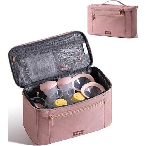 NCVI Breast Pump Storage Bag for Pumps and Extra Parts, Large Capacity Portable Pump Carrying Case with Handle, Waterproof Lining and Multiple Compartments, Perfect for Working & Nursing Moms, Pink