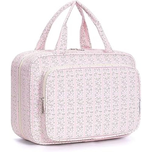 Narwey Travel Toiletry Bag for Women Large Hanging Makeup Bag Organizer Toiletries Bag for Full Size Essentials Accessories Cosmetics (Pink Flower Buds (Large))
