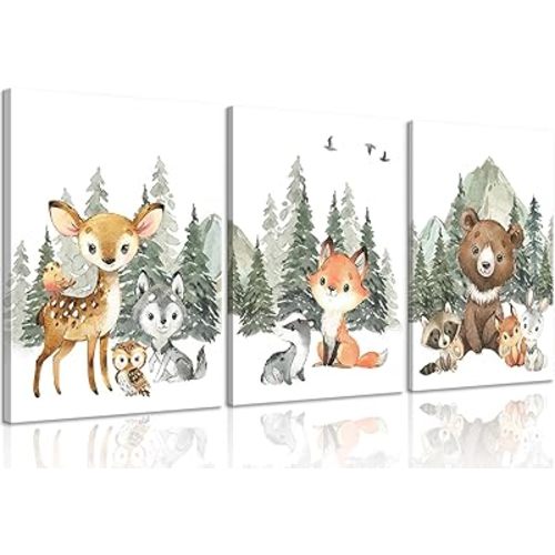 3Pcs Woodland Animal Nursery Canvas Wall Art Forest Adventure Theme Animals Picture Posters Wall Decor Cute Watercolor Deer Bear Fox Painting Print Artwork for Kids Baby Bedroom Decor 12x16in