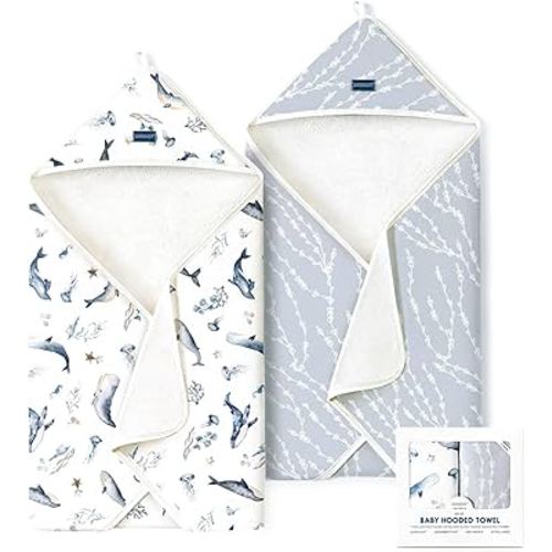 GRSSDER Baby Hooded Towel 2 Pack for Newborn, Super Soft Bath Towels with Original Designs, Ultra Absorbent Knit Terry, Large Toddler Towels with Hood for Boys Girls, Shower Gifts for Infant,34"x 34"