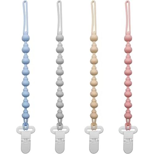 4 Pack Silicone Pacifier Clips, One Piece Beads Gourd Design Teething Pacifier Holder Clip, Neutral Baby Paci Dummy Clips Boys & Girls, Binky Clips Pacifier Straps Chain for Toys Teethers