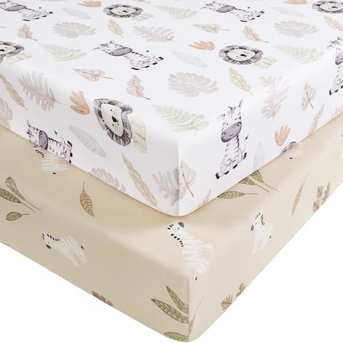 Pack and Play Sheets for Boys Girls, 38" x 26" Mini Crib Sheets Fitted for Pack n Play Mattress, Soft Breathable Playard Sheets, 2-Pack Brown Dinosaur